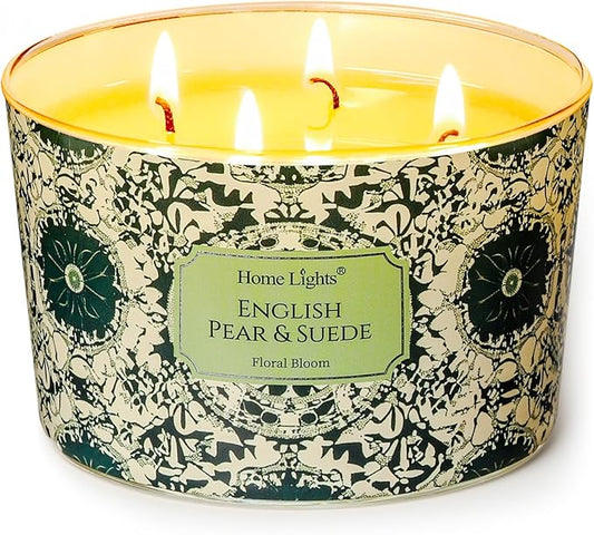 HomeLights Soy Wax Candles for Home Scented, 4-Wick Candles in English Pear & Suede Scented, Aromatherapy Candles Gift for Parties, Relaxing, Bohemian Natural Textures, 18oz