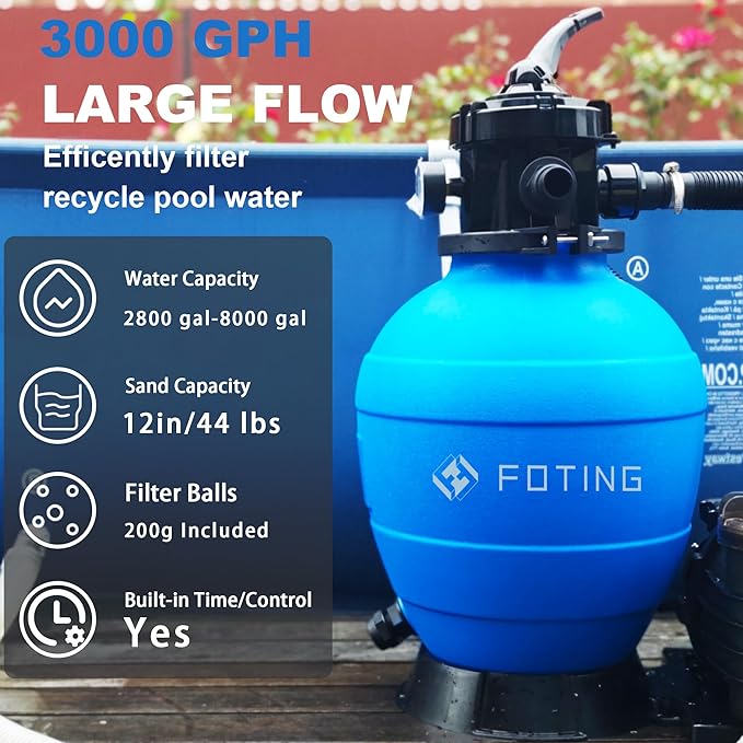 FOTING 12" Sand Filter Pump for Above Ground Pool with Timer, 1/2 HP 3000GPH Swimming Pumps System & Filters for Pools Up to 8000GAL, 6-Way Valve, Enhanced Circulation for Crystal-Clear Pool
