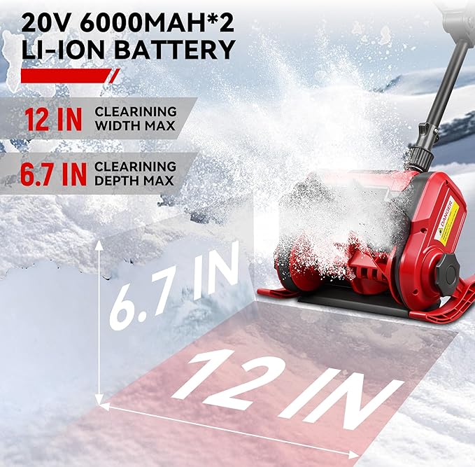 Snow Shovel, 20V | 12-Inch Cordless Snow Blower, Electric Snow Shovel with 2PCS 6.0Ah Batteries & Quick Charger, Battery Powered Snow Blower with Non-Slip Base & Adjustable Handle