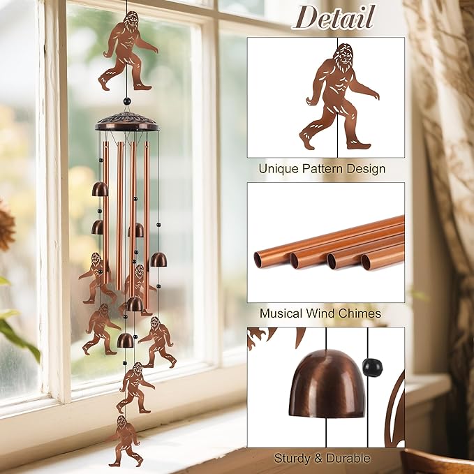 Bigfoot Wind Chimes for Outside, Metal Sasquatch Windchime with 4 Aluminum Tubes, Birthday Festival Housewarming Gift for Women/Men, Memorial Wind Chime for Outdoor/Indoor, Patio, Garden, Home Decor