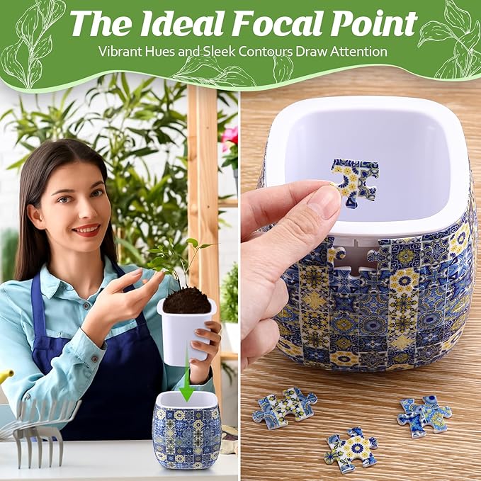 Enhon 2 Pack 3D Puzzle Planter Set, Portuguese Tiles and Summer Flowers Design, 96 Pieces 3D Puzzle Vase, Indoor Cactus and Succulent Pots, Engaging Home Decor Craft, Ideal for DIY Lovers