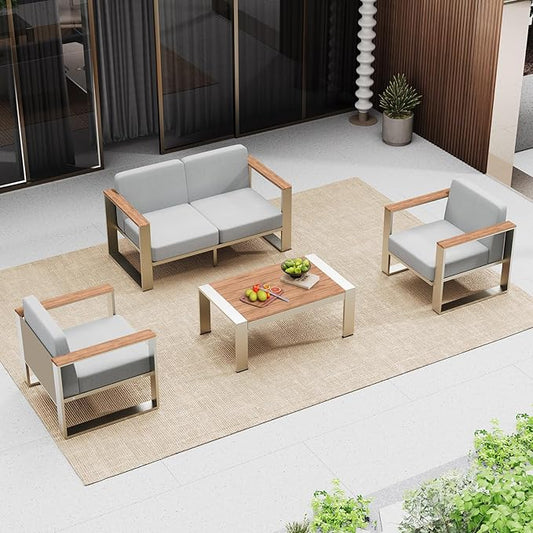 Outdoor Furniture Set, 4 Piece Aluminum Patio Furniture Set with Wide Seat and Thick Cushions, Modern Outdoor Patio Conversation Sets for Deck, Porch (Teak-Gray)