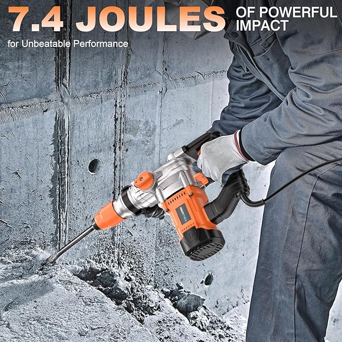 1-1/4 Inch SDS-Plus 13 Amp Heavy Duty Rotary Hammer Drill with Safety Clutch 3 Functions, Vibration Control, for Floor Tile Removal, Concrete Breaker, Including Grease, Chisels & Drill Bits
