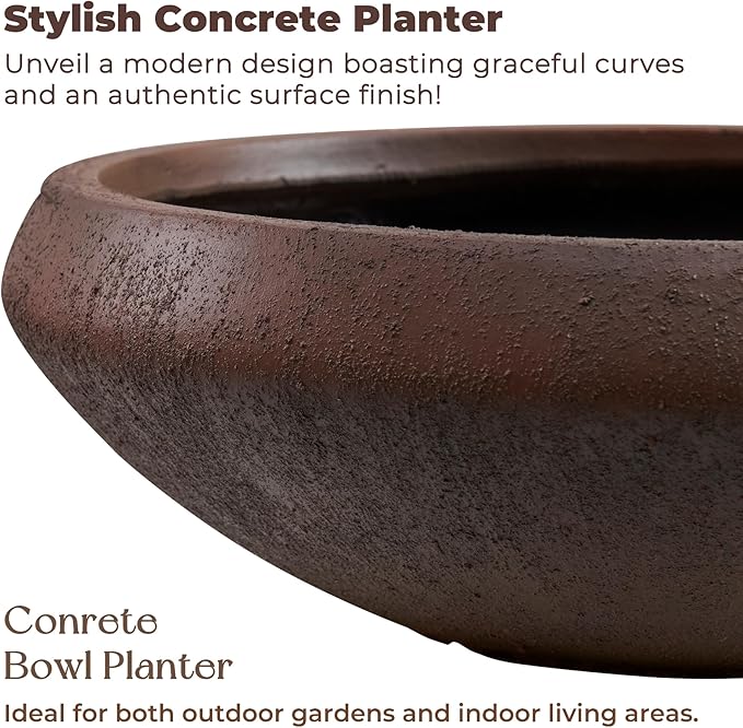 23.3"Dia x 8"H Large Succulent Pot with Drain Hole and Plug, 21" Opening Lotus Bowl Planter, Weathered Concrete Planters for Indoor Outdoor Plants, Home, Patio, Garden, Weathered Concrete, Large-Rust