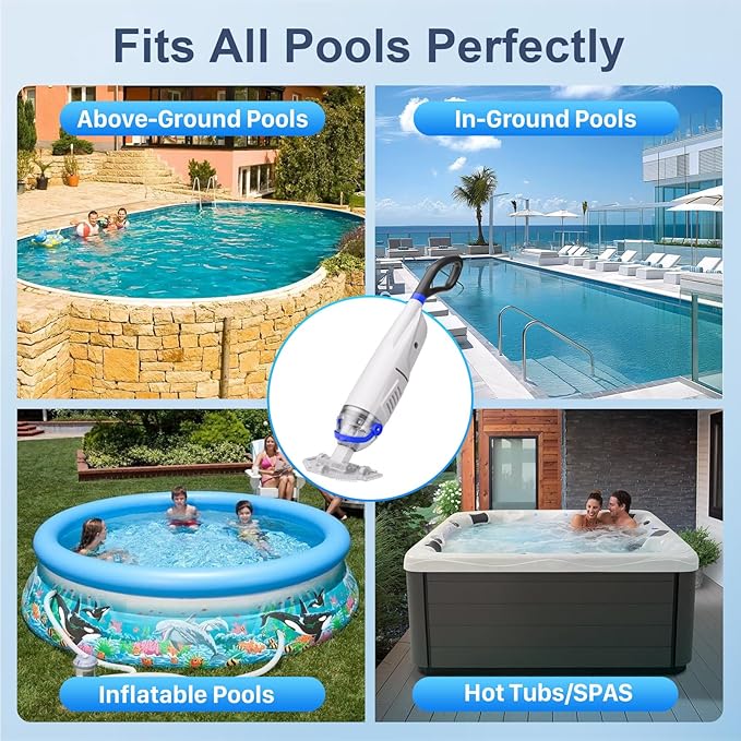 (2025 Upgraded) Cordless Pool Vacuum with Telescopic Pole, 60 Min Powerful Suction & Transparent Head, Rechargeable Handheld Cleaner for Above Ground Pools, Inground Pools, Hot Tubs and Spa