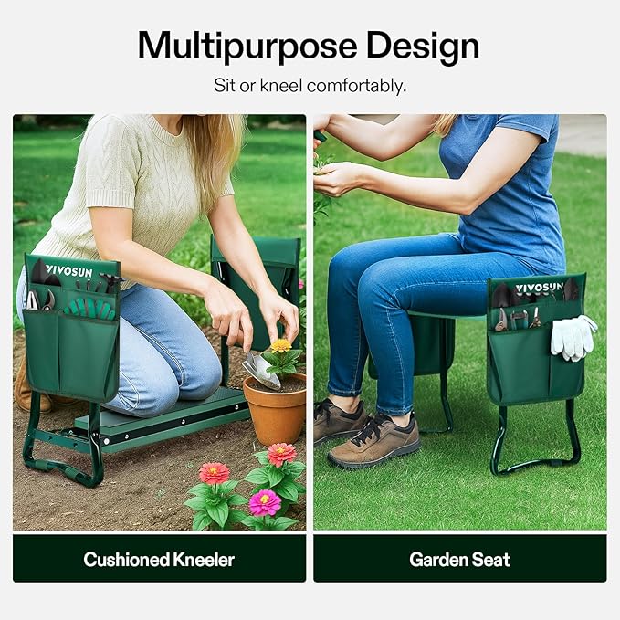 VIVOSUN Heavy Duty Garden Kneeler and Seat, Folding Garden Stool with Soft EVA Foam Kneeling Pad & 2 Large Tool Bags, Anti-Tipping Gardening Bench, Gifts for Women and Seniors, Green