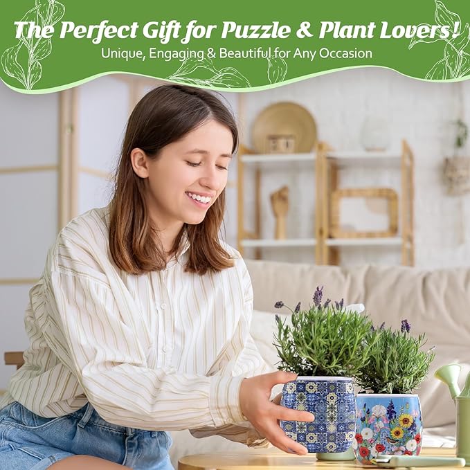 Enhon 2 Pack 3D Puzzle Planter Set, Portuguese Tiles and Summer Flowers Design, 96 Pieces 3D Puzzle Vase, Indoor Cactus and Succulent Pots, Engaging Home Decor Craft, Ideal for DIY Lovers