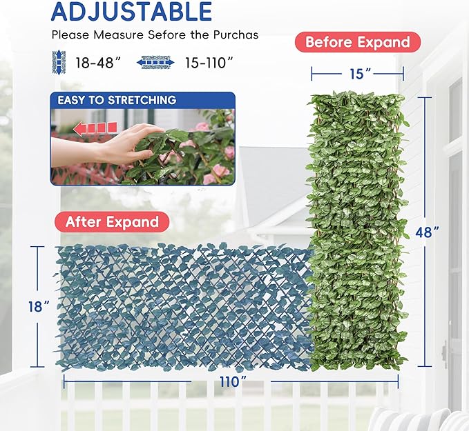 15" x 48" 5PCS Expandable Ivy Fence Privacy Screen Artificial Fences Greenery Faux Leaf Hedge Wall Decor for Balcony Wedding Backyard Indoor Outdoor, Ivy Single Side