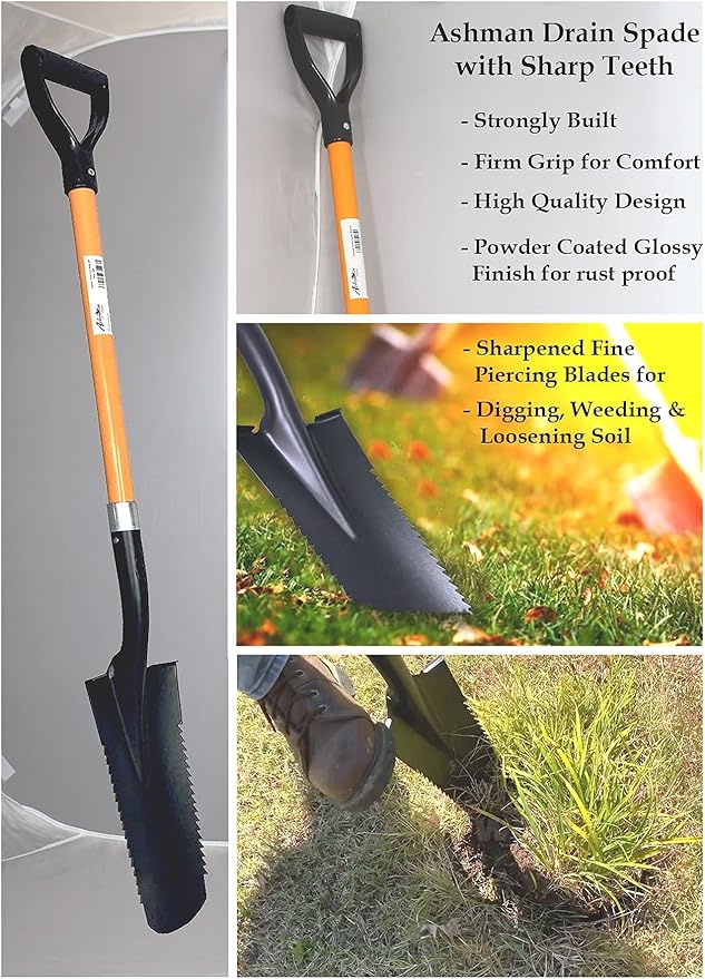 Ashman Drain Spade Teeth Shovel (2 Pack) - 48 Inches Long Handle Spade with D Handle Grip - Durable Handle with a Thick Metal Blade - Multipurpose Premium Quality Orange