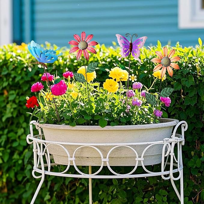 Metal Flowers for Outside, 16.15" 4-Pack Metal Colorful Butterfly & Flower Decorative Garden Stakes for Spring Garden Decor, Shaking Head Yard Art Decorations for Patio Lawn Ornaments