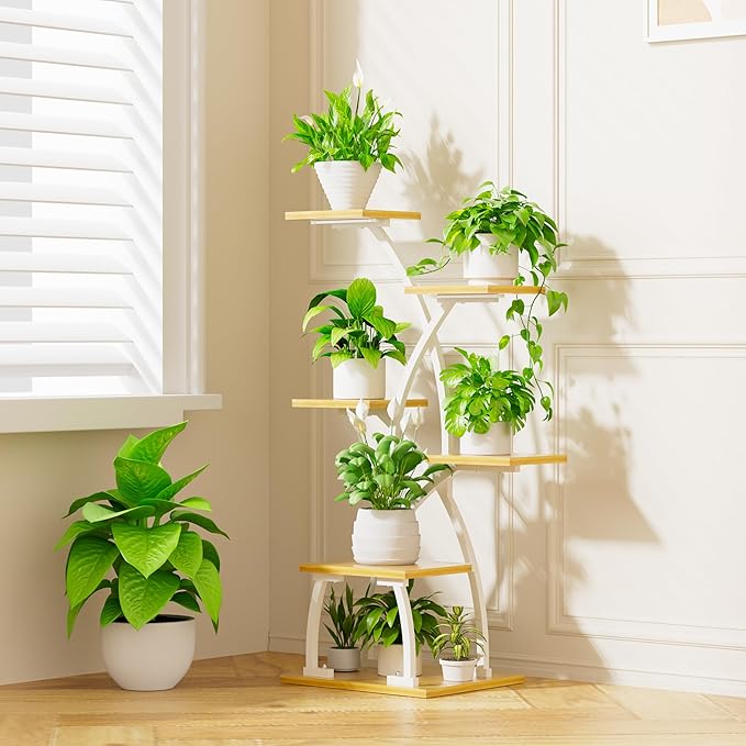 Plant Stand Indoor with Grow Lights - 6 Tiered Plant Shelf Indoor, 36" Corner Plant Stands for Indoor Plants Multiple, Metal Curved Flower Holder Display Rack for Patio, Balcony, Home Decor, White