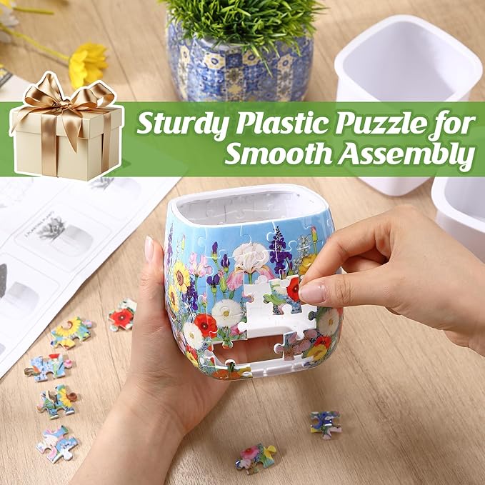 Enhon 2 Pack 3D Puzzle Planter Set, Portuguese Tiles and Summer Flowers Design, 96 Pieces 3D Puzzle Vase, Indoor Cactus and Succulent Pots, Engaging Home Decor Craft, Ideal for DIY Lovers