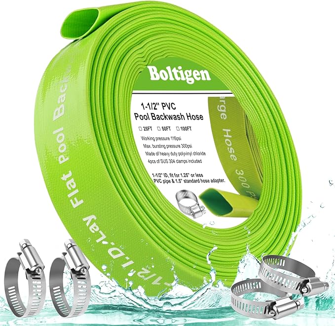 Boltigen 1-1/2'' Pool Backwash Hose, 100 Feet Heavy Duty PVC Pool Drain Hose with Clamps, Lay Flat Water Discharge Filter Pump Hose for Swimming pools, High Pressure Pool Pump Hose
