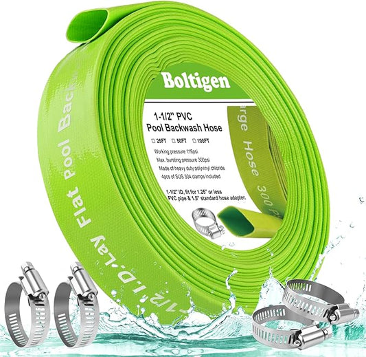 Boltigen 1-1/2'' Pool Backwash Hose, 100 Feet Heavy Duty PVC Pool Drain Hose with Clamps, Lay Flat Water Discharge Filter Pump Hose for Swimming pools, High Pressure Pool Pump Hose