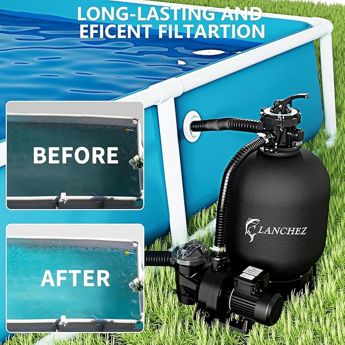 LANCHEZ 16in Sand Filter Pump for Above Ground Pool with Timer, 1.5HP, Max 4900GPH for Pools Up to 16000GAL, 6-Way Valve Pool Sand Filter System, Enhanced Circulation for Crystal-Clear Pool