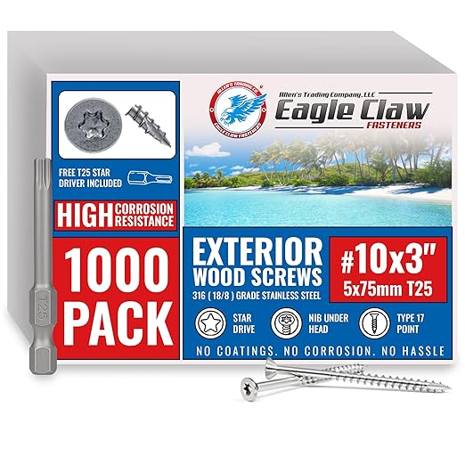 #10 x 3 Inch 316 Stainless Steel Screws Marine Grade (1000 Pack, T25 Star) | Stainless Steel Wood Screws w/Driver Bit by Eagle Claw Fasteners | High Corrosion Resistance for Coastal Construction