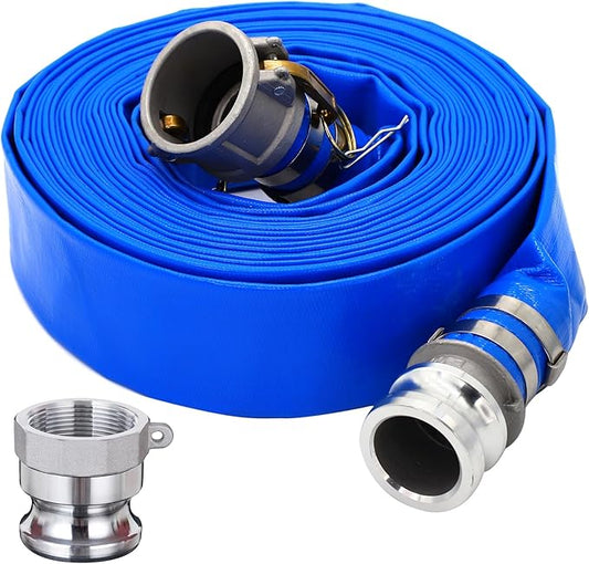 DAVCO 1-1/2" ID × 50 ft PVC Lay Flat Discharge Hose, Heavy Duty Reinforced Blue Pool Backwash Hoses For Swimming Drain Pools, with Aluminum Camlock C and E Fittings, Cam Lock Fitting Type A included