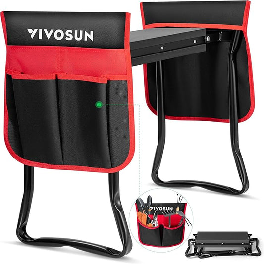 VIVOSUN Heavy Duty Garden Kneeler and Seat, Folding Garden Stool with Soft EVA Foam Kneeling Pad & 2 Large Tool Bags, Anti-Tipping Gardening Bench, Gifts for Women and Seniors, Red & Black