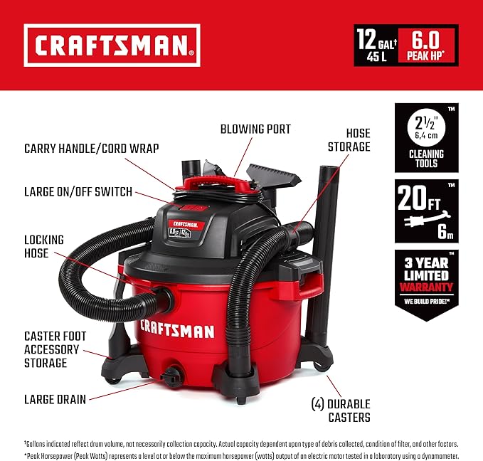 "CRAFTSMAN CMXEVBE17594 12 Gallon 6.0 Peak HP Wet/Dry Shop Vac, Portable Shop Vacuum Wet and Dry with Two Filters, Dust Bag, 7-ft Hose, 20-ft Hose and Attachments for Home Projects & Renovations "
