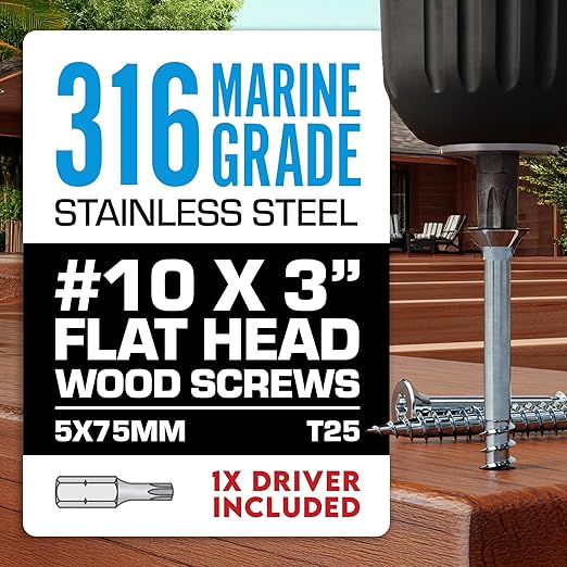 #10 x 3 Inch 316 Stainless Steel Screws Marine Grade (100 Pack, T25 Star) | Stainless Steel Wood Screws w/Driver Bit by Eagle Claw Fasteners | High Corrosion Resistance for Coastal Construction