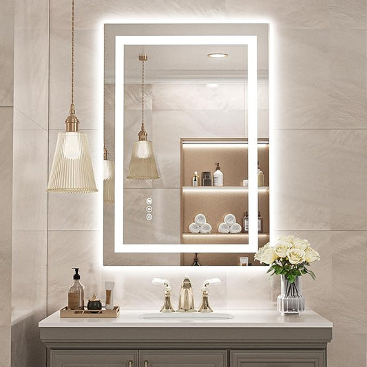 USHOWER LED Bathroom Mirror 24x36 Inch with Lights - Frameless Tempered Glass LED Backlit Lighted Mirror for Bathroom Vanity with Anti-Fog, 3 Colors Dimmable, Memory Function, Wall-Mounted
