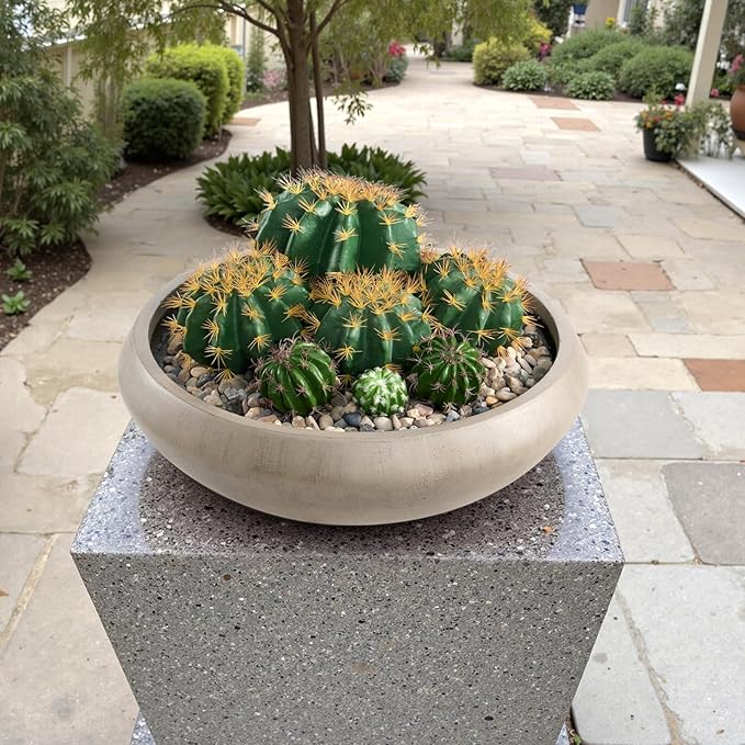 Bowl Planter 23.3" Dia x 7.9" H Succulent Pot with Drain Hole, 20.9" Opening Weathered Concrete Flowerpot for Indoor Outdoor Plants Herbs Bonsai, Round Planters for Home, Patio, Garden, Large-Natural