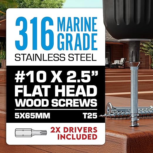 #10 x 2 1/2 Inch 316 Stainless Steel Screws Marine Grade (1500 Pack, T25 Star) | Stainless Steel Wood Screws w/Driver Bit by Eagle Claw Fasteners | High Corrosion Resistance for Coastal Construction