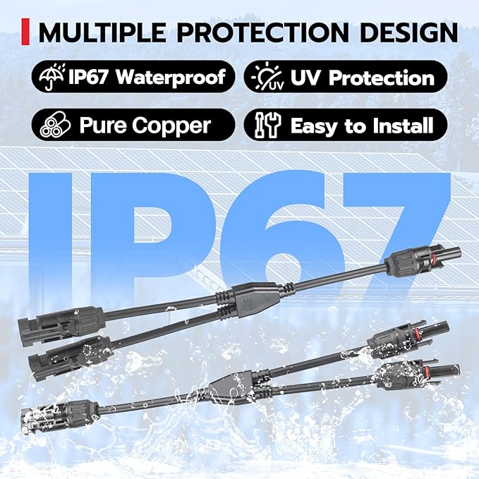 1 Pair Solar Panel Connectors Y Branch,30A 1000V Solar Parallel Connector 1 to 2 for Solar Panels,IP67 Waterproof Solar Panel Splitter for Solar Cable