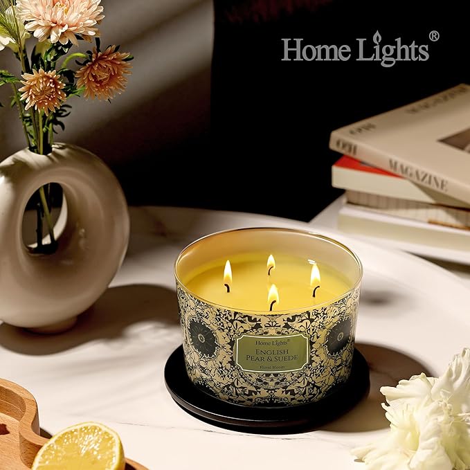 HomeLights Soy Wax Candles for Home Scented, 4-Wick Candles in English Pear & Suede Scented, Aromatherapy Candles Gift for Parties, Relaxing, Bohemian Natural Textures, 18oz