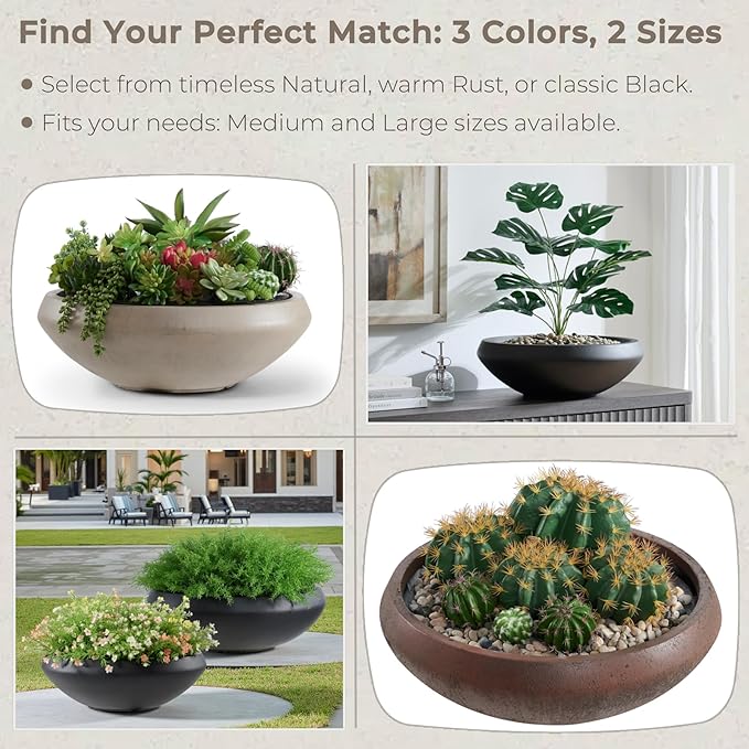 Bowl Planter 23.3" Dia x 7.9" H Succulent Pot with Drain Hole, 20.9" Opening Weathered Concrete Flowerpot for Indoor Outdoor Plants Herbs Bonsai, Round Planters for Home, Patio, Garden, Large-Natural