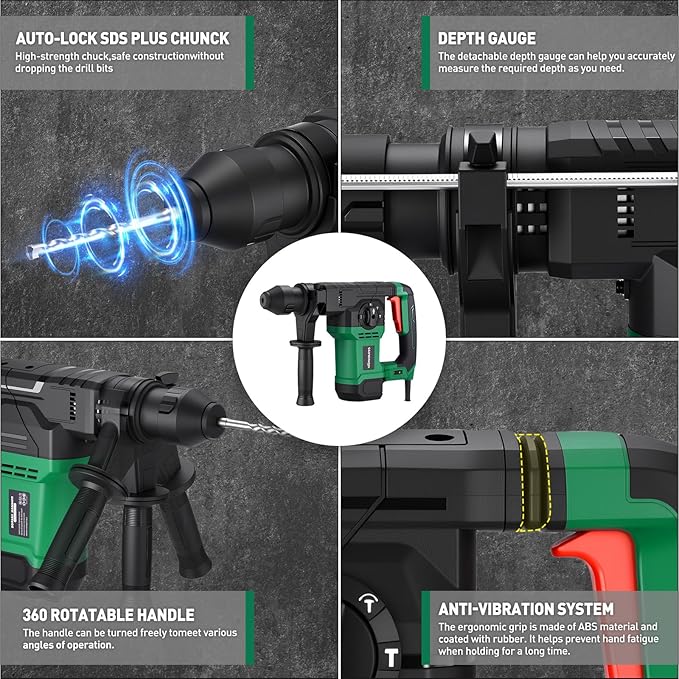 1-1/4 Inch SDS-Plus Rotary Hammer, 13 Amp 7.0J Power Hammer Drills, 4 Functions, 6 Speeds, 3 Drill Bits, 2 Chisels with Safety Clutch, Rotomartillo for Concrete Demolition Chipping
