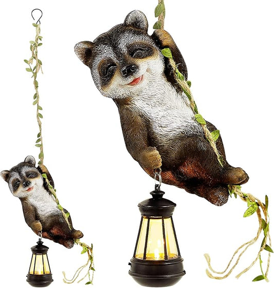 Joliyoou 1 Pack Solar Light Outdoor Statues, 6.5"H Resin Raccoon Climbing On A 23.6"L Vine with LED Lantern, Waterproof Hanging Animal Figurine with Hook for Yard Garden Wall Balcony Tree Decoration