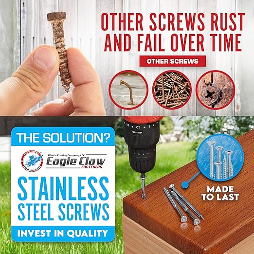 #10 x 2 1/2 Inch 316 Stainless Steel Screws Marine Grade (1500 Pack, T25 Star) | Stainless Steel Wood Screws w/Driver Bit by Eagle Claw Fasteners | High Corrosion Resistance for Coastal Construction