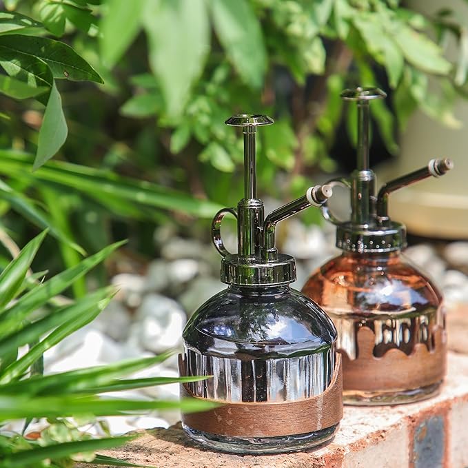 OFFIDIX Glass Plant Mister, 6.3 Inches Tall Vintage Style Spritzer Bronze Plastic Top Pump One Hand Watering Can Indoor Plant Spray Bottle for Garden, Plants, Cleaning (Morning Dew)