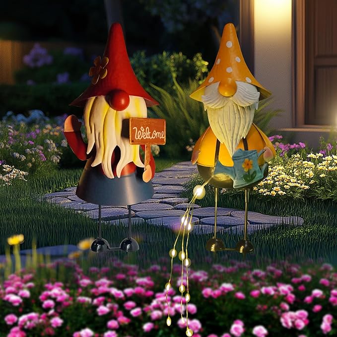 HONGLAND Metal Gnome Yard Art -18 Inch Garden Gnomes Statues Outdoor Decor with Watering Can Solar Lights -3D Outdoor Figurines for Patio Yard Lawn Porch Ornament Gardening Gifts