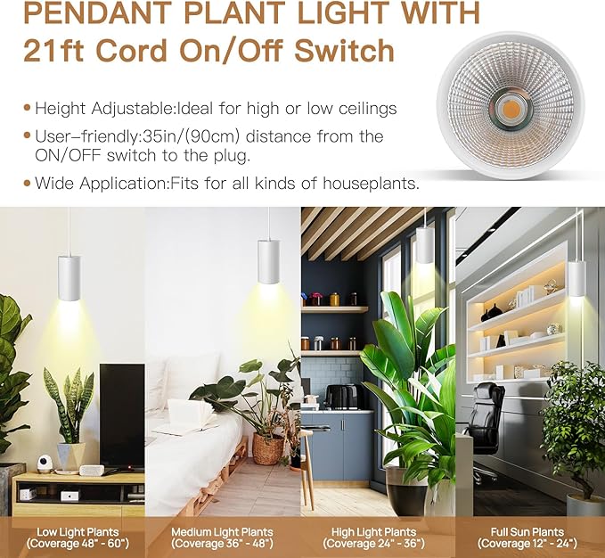 STERREN LED Grow Light, White Plug in Hanging Lights for Indoor Plants, Full Spectrum Grow Lights with On/Off Switch, Decorative Pendant Lights with 21 Ft Height Adjustable Power Cord