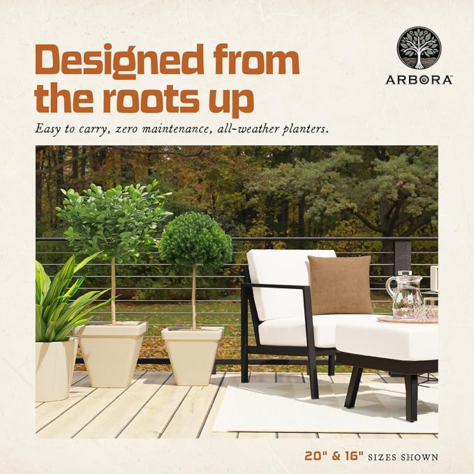 ARBORA 16" Mykonos Square Polyresin Indoor and Outdoor Planter with Classic Cream Finish - Durable, All Season, Weatherproof, Lightweight, Large Plant Pot for Patio, Garden, Deck, Entryway