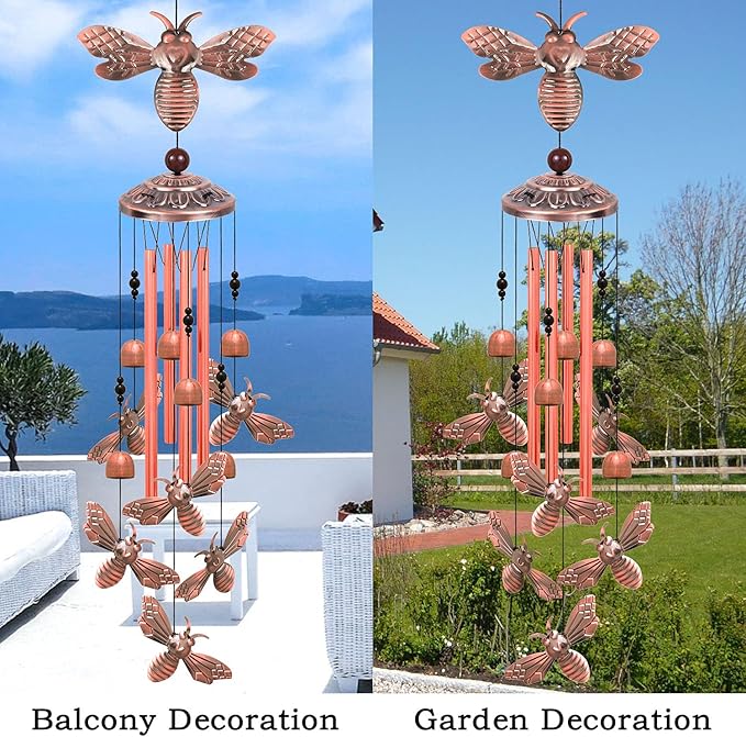 Bee Wind Chimes for Garden, Gifts for Mom, Home, Balconies, Rooms, Patio, Indoor, Outdoor Bee Decoration, Aluminum Bee Chimes, Bees Wind Catcher, Red Copper Bees Wind Bells, Bees Wind Chimes Decor