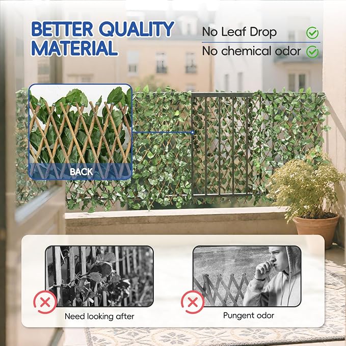 15" x 48" 5PCS Expandable Ivy Fence Privacy Screen Artificial Fences Greenery Faux Leaf Hedge Wall Decor for Balcony Wedding Backyard Indoor Outdoor, Ivy Single Side