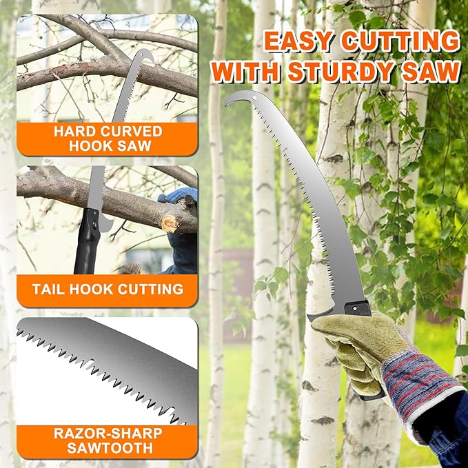 20FT Reach Pole Saw for Tree Trimming, Telescoping Tree Pruner Extendable with 3-12FT Extension Pole, Manual Saw for Yard, Garden, Patios