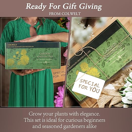 Colwelt Gardening Foam Kneeling Pad Set 3pcs, Gardening Gifts for Women Gardeners, Elegant Pattern Garden Protection Tools Set, Charming Garden Accessories(Extra Thick Kneeling Mat, Apron, Gloves)