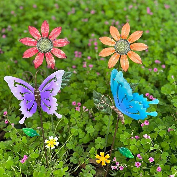Metal Flowers for Outside, 16.15" 4-Pack Metal Colorful Butterfly & Flower Decorative Garden Stakes for Spring Garden Decor, Shaking Head Yard Art Decorations for Patio Lawn Ornaments