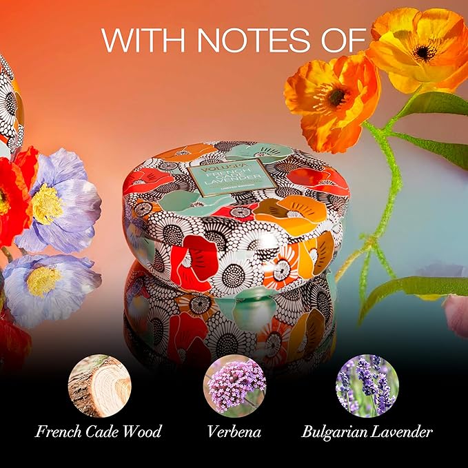 Voluspa Limited Edition French Cade Lavender 3 Wick Tin Candle, 12 oz, Coconut Wax for Clean Burning, 40 Hour Burn, Lavender Candle Handmade in The USA