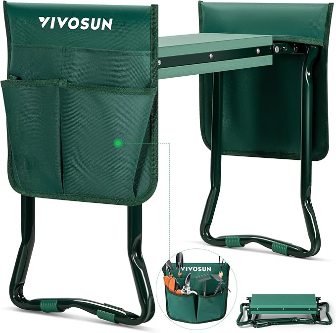 VIVOSUN Heavy Duty Garden Kneeler and Seat, Folding Garden Stool with Soft EVA Foam Kneeling Pad & 2 Large Tool Bags, Anti-Tipping Gardening Bench, Gifts for Women and Seniors, Green