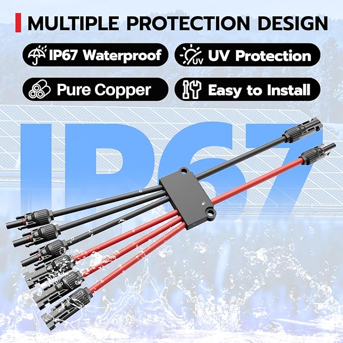 1 Pair Solar Connectors Y Branch 2 to 6,30A 1000VDC Solar Parallel Connectors for 2-3 Solar Panels,10AWG Adapter Solar Panel Connectors