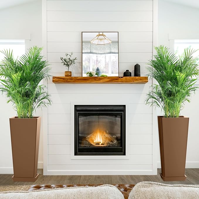 FENCY Set of 2 Tall Planters for Outdoor Plants, 24 Inch Large Tapered Pots with Drainage Trays, Weather-Resistant Plastic Plant Containers for Patio, Porch, Garden, Front Door Decor,Brown