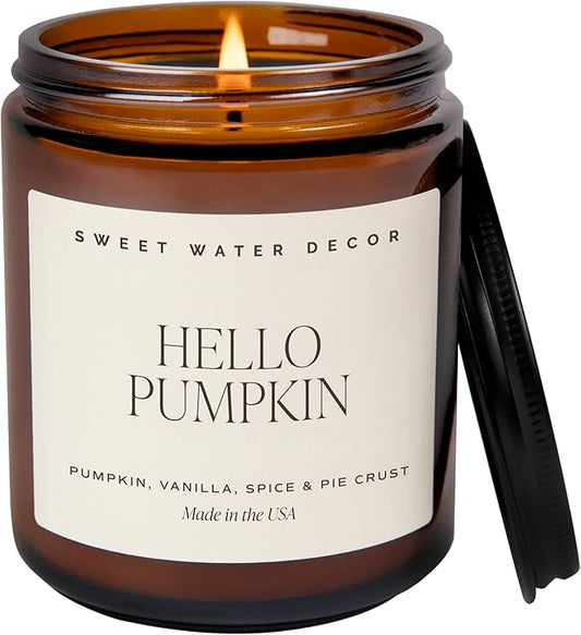 Sweet Water Decor Hello Pumpkin Candle - Fall Soy Candles with Pumpkin, Warm Spices, Vanilla and Buttery Pie Crust - Pumpkin Candles for Home with 40 Hours Burn Time - 9Oz Black Lid Amber Jar Candle