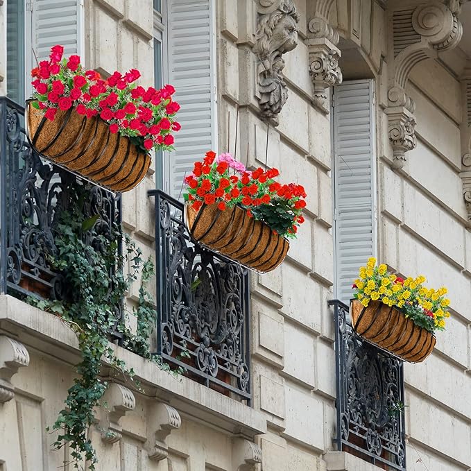 Tessco 4-Piece Window Baskets with Coconut Liner - 30 Inch Metal Black Hanging Flower Planters for Indoor & Outdoor