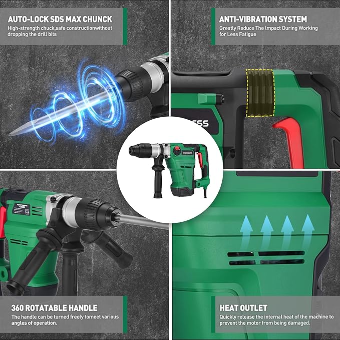 1-1/2 Inch SDS-MAX Heavy and Duty Rotary Hammer Drill, 13 Amp Corded Hammers Drill, 3 Functions, 6 Speeds, Safety Clutch, 2 Chisel, Hammers Drill for Concrete Demolition Chipping