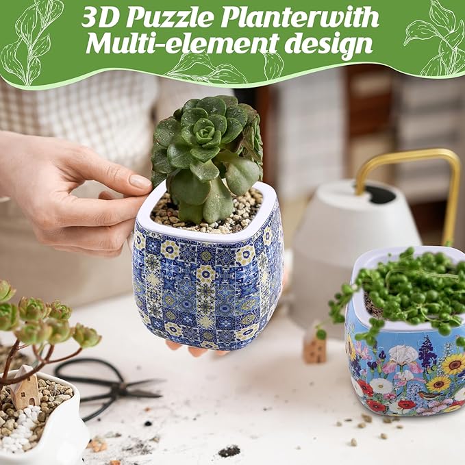 Enhon 2 Pack 3D Puzzle Planter Set, Portuguese Tiles and Summer Flowers Design, 96 Pieces 3D Puzzle Vase, Indoor Cactus and Succulent Pots, Engaging Home Decor Craft, Ideal for DIY Lovers